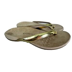 Vionic Dillon Flip Flop Womens 9 Gold Thong Sandal Orthotic Arch Metallic Beach